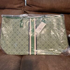 TORY BURCH T Monogram Arugula Green Coated Canvas Tote Bag
